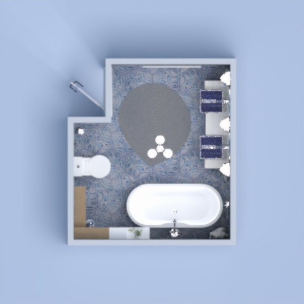 Eclectic bathroom with neutral color and a few decorative parts of blu